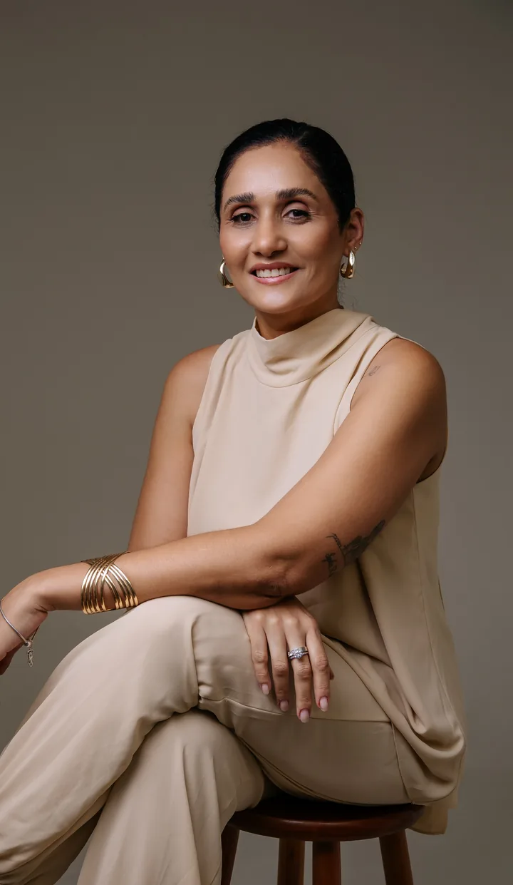 Dra. Roberta Castro sentada, de bege, sorrindo