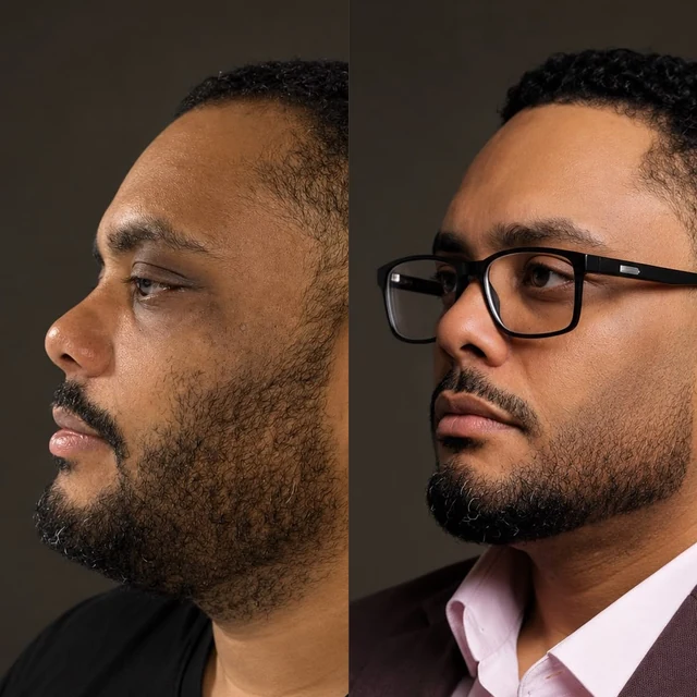 Antes e depois: rosto masculino, de perfil